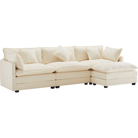 Divano angolare L moderno in ciniglia beige, 3 posti con pouf mobile (1/5)