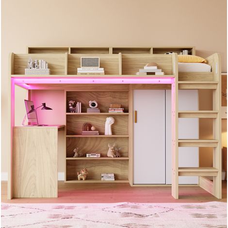 Letto a soppalco 90 x 200 cm con scrivania, armadio, LED e presa OKMYHOME (1/5)