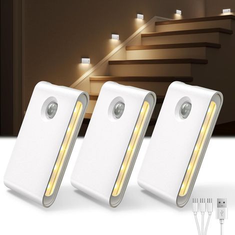 Set mit 3 bewegungsaktivierten Nachtlichtern für Innentreppen, wiederaufladbar (700 mAh), magnetisch und dimmbar. Tragbares Nachtlicht für (1/5)
