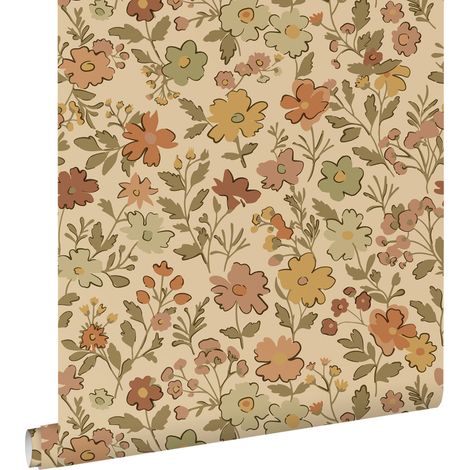 papier peint fleurs jaune ocre et cervine - ESTAhome (1/5)