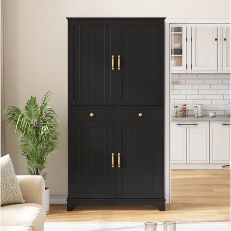 MEUBLIV Buffet haut noir 77x40x181 cm – 2 tiroirs, étagères réglables (1/5)