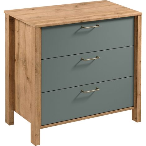 AX LIVING Kommode mit Schubladen Iseonia K3S 90cm, Eiche Wotan & Green
