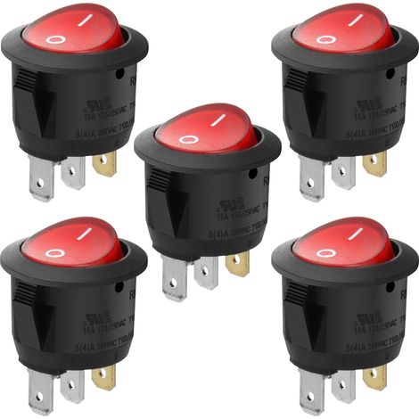 Interrupteurs ronds à bascule, 3 bornes, lumière rouge 10 A, 250 VAC (1/5)