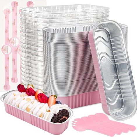Mini Moules de Cuisson - 50 Pièces - 6, 8 Oz - Rectangulaires - Feuille D'aluminium - Avec Couvercle, Cuillère et Autocollant - pour Four, Friteuse à (1/3)