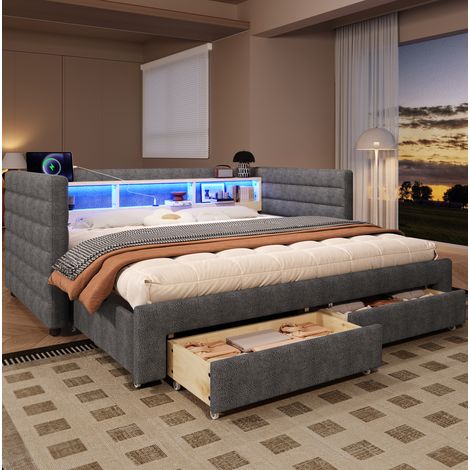 Cama nido 90x190 cm gris en terciopelo con LED, puertos USB-C, cajones y almacenaje (1/5)
