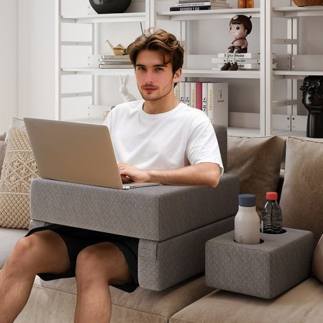 Ensemble de Coussin de Lecture 3 Pièces Bureau Portable Extra Large avec Sous-Verre Coussin de Dos & Poche de Rangement Gris (1/3)