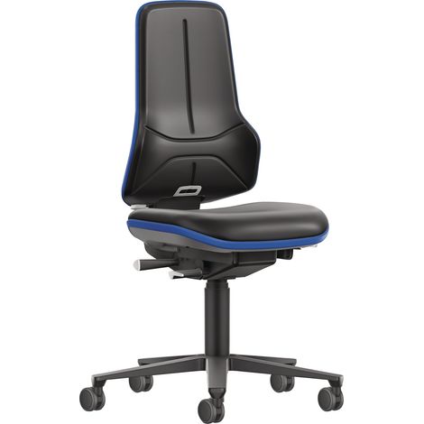 Sedia da lavoro girevole con rivestimento in similpelle nera e blu, altezza regolabile 470-640 mm