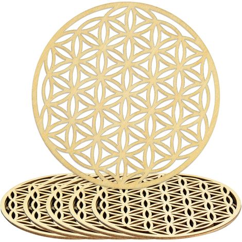 6 Pièces Fleur de Vie en Bois, Dessous de Verre Panneau Cercle pour Recharger les Pierres, Décoration Murale, Purification, Méditation, 10 x 10 cm (1/5)