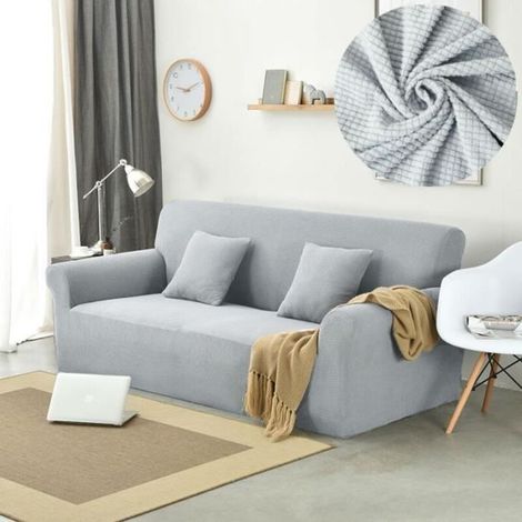 Bardusch - Housse de canapé 2 places élastique antidérapante grille de gaufres polaire de couleur Gris clair (1/4)