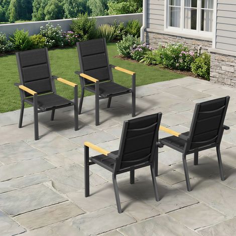 lot de 4 Chaise de Jardin Empilable, Fauteuil en Aluminium avec Accoudoirs Imitation Bois, Tissu Textilène et éponge à Séchage Rapide, Dossier Surélevé, Respirante et Confortable, Gris (1/5)