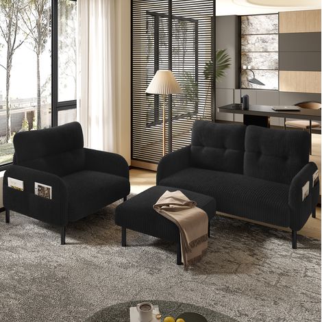 Ensemble salon 3 pièces 120/75/79 cm en cordon noir avec poche latérale et assise profonde (1/5)