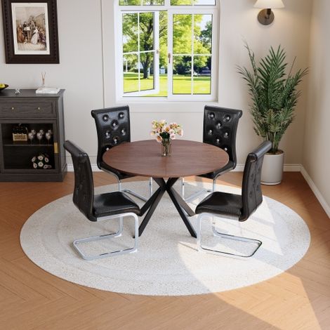 Ensemble de salle à manger avec table ronde extensible en bois et 4 chaises noires, ensemble de cuisine gain de place en similicuir capitonné et structure métallique en porte-à-faux pour salle à mange