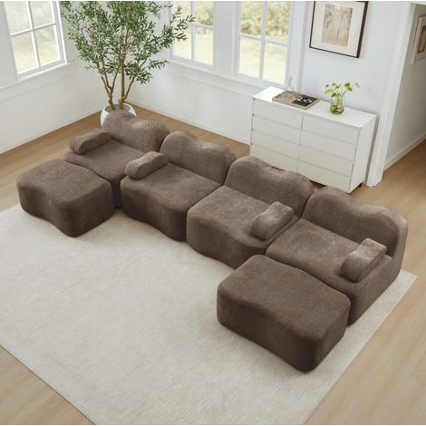 Divano modulare 384x167x70 cm marrone in velluto senza struttura con design a onde e pouf collegabili (1/5)