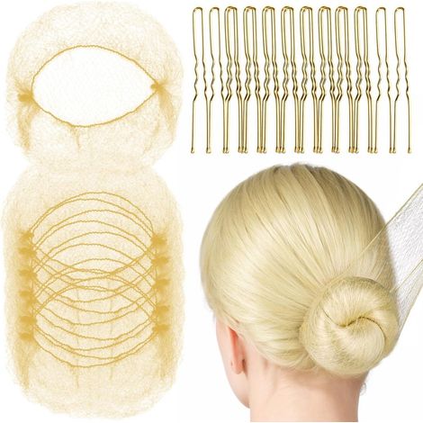 Lot de 90 filets à cheveux invisibles, filets à cheveux à mailles fines, adaptés aux danseuses, hôtesses de l'air, infirmières, etc., couleur or (50 filets à cheveux, 40 pinces à cheveux en forme de U (1/5)
