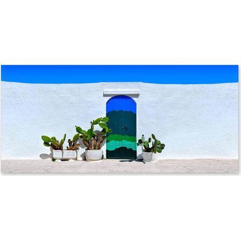 Lupia - Quadro moderno su Tela Canvas DEEP 65X143 cm, con paesaggi e localismi italiani, per casa, soggiorno, capezzale camera da letto, hotel, ufficio, PUGLIA - OSTUNI PORTA BLU (1/4)