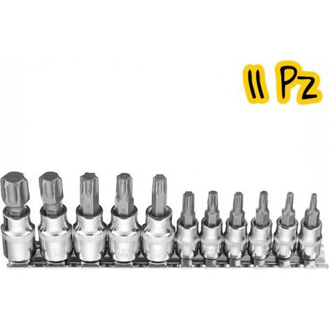 Set Bussole Torx 9 o 11 Pz Attacco 1/2", 1/4" e 3/8"  Acciaio Cromato CR-V Chiavi Torx per Auto Moto Officina 11 Pz bussole Torx 1/4" e 3/8"