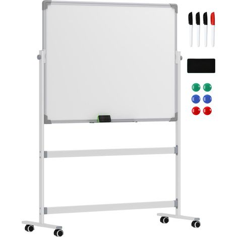 Tableau blanc magnétique 120 x 90 cm, tableau magnétique double face avec support, roulettes, 6 marqueurs et 1 effaceur, rotation à (1/5)