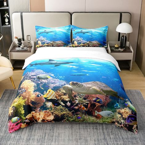 Housse de couette 100 % coton 135 x 200 cm, motif requin, poissons océaniques, tortue, arc-en-ciel, corail, linge de maison pour adolescents, garçons et filles (1/5)