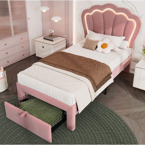lit adulte rangement 90x200 cm velours rose OKMYHOME (1/5)