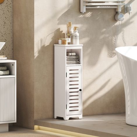 Meuble salle de bain, armoire salle de bain 4 niveaux porte persienne, étagère ouvert, 22x20x75cm, blanc (1/5)