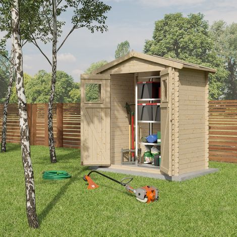 Trigano – Abri de jardin en bois brut 2,3 m² – Madriers épais 19 mm – Double porte vitrée PVC – Exonération taxe d'aménagement