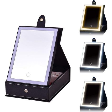 Makeup mirror with tri-color variation and adjustable touchscreen, convenient and portable, high-definition clarity, with storage box, black, large (1/5)