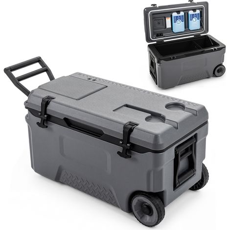 Glacière, Poignées et Roulettes Transport, Glacière Portable de 50L, Orifice de Sortie, Emplacement du Gobelet, Garder la Glace Jusqu'à 6 Jours, Gris (1/5)