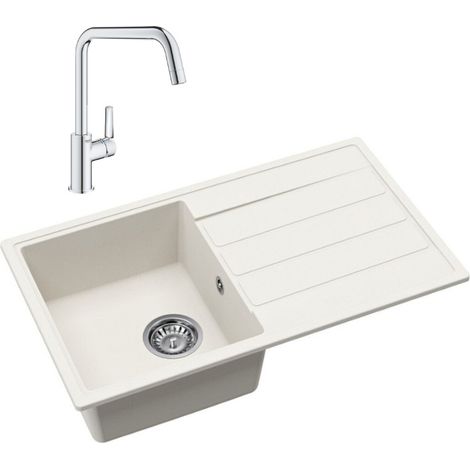 76x44 cm évier avec égouttoir réversible en Granite, à encastrer, blanc + mitigeur lavabo/cuisine Grohe Start (SATSE3WG304)