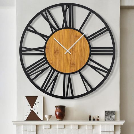 Horloge Murale Ronde en Bois Noir de 80cm pour la décoration du Salon Chiffres Romains Vintage Horloges suspendues silencieuses sans tic-tac pour la Maison, Le Jardin, Le Bureau,la décoration (1/5)