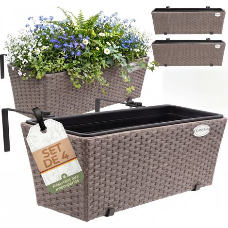 Casaria – Lot de 4 bacs à fleurs balconnières 11L – Polyrotin résistant aux intempéries – Support de montage réglable 5-14cm – Couleur au choix crème