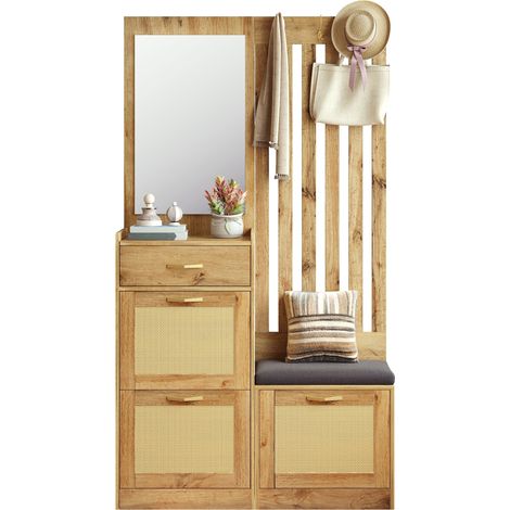 Flurgarderobe compacte avec miroir, banc rembourré, compartiments à chaussures rabattables, crochets et tiroir, effet résine tressée, pour petit hall  CHICFURN (1/5)
