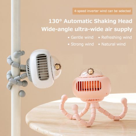 Ventilateur sans pales 4 vitesses sans fil, tête oscillante à 130°, mini climatiseur flexible à vent élevé, batterie 3600 mAh, ventilateur pieuvre pour poussette, ventilateur à pince pour vélo enfant (1/5)