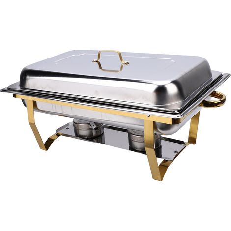 RÉCHAUFFE-PLATS BUFFET RECTANGULAIRE 2 COMPARTIMENTS ACIER INOXYDABLE DORÉ, AVEC COUVERCLE ET 2 RÉCHAUD ALCOOL, POUR RESTAURANT, RÉCEPTION ET TRAITEUR (1/5)