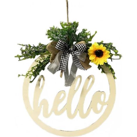 Couronne de bienvenue florale pour porte d'entrée, panneau suspendu en bois ajouré avec lettres, décoration ronde 2 (1/2)