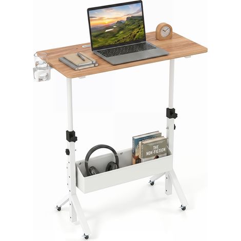 Bureau Debout Mobile, Table Roulante pour Lit Canapé avec Hauteur Réglable, Pieds Triangulaires Stables, Poche de Rangement en Tissu, Beige (1/4)