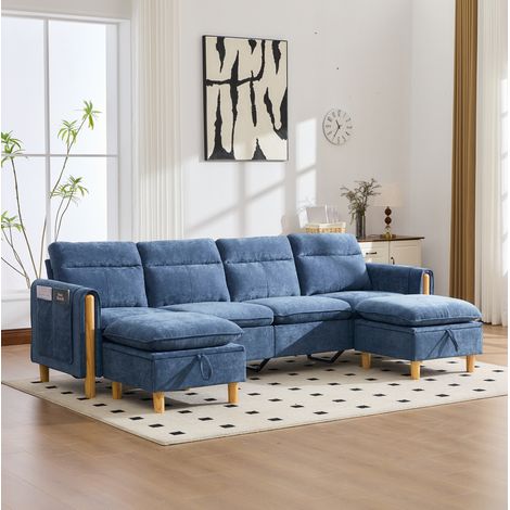 Canapé modulable 261x77x86 cm en tissu bleu, avec rangement, pour salon FloraGrace (1/5)