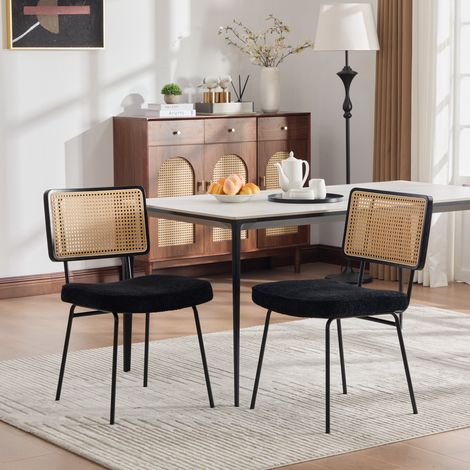Lot de 2 Chaises de Salle à Manger en Chenille et Aspect Rotin, Pieds en Métal Réglables - Noir - PANGIVO (1/5)