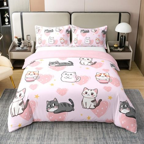 Parure de lit 100 % coton avec housse de couette 135 x 200 cm et 1 taie d'oreiller - Respirante - Motif chat de dessin animé - Pour garçons et filles (1/5)