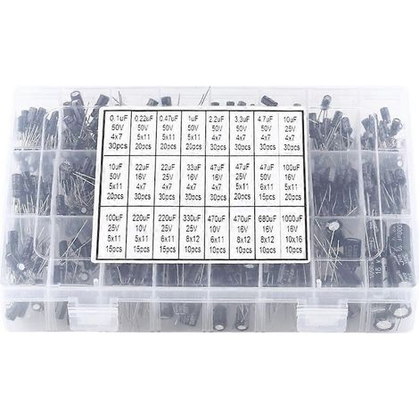 500 Stück Aluminium-Elektrolytkondensatoren, 24 Werte, Sortiment, 10 V  50 V, 0,1 µF bis 1000 µF