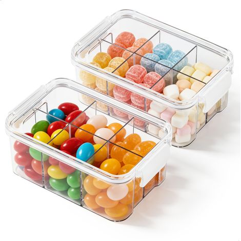 Boite a Bonbon, Snack Box et Boite a Gouter 2 Pièces, Boîte de Rangement Transparente 6 Compartiments avec Couvercle pour Fruits Noix Biscuits, Plastique PET pour Cuisine Salon (1/4)