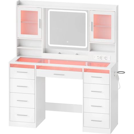 Bureau coiffeuse moderne avec plateau en verre trempé et rangement ouvert 110x40x140 cm (1/5)