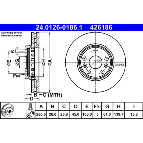 Lot de 2 Disques de frein ATE 24.0126-0186.1 RENAULT 40 20 682 34R 77 01 209 989