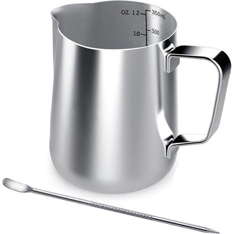 Pichet à lait en acier inoxydable de 350 ml avec graduations et bec verseur pour latte art, idéal pour les baristas professionnels préparant expresso et cappuccino. (1/5)