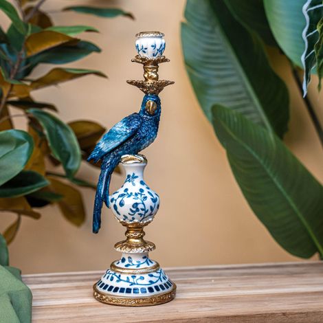 Bougeoir Perroquet Bleu de Delft en Polystone Décoration Tropicale Droite 40 cm - PANGIVO