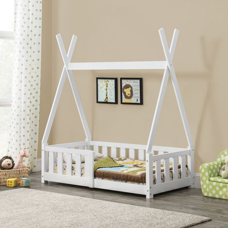 Cama infantil Helsingborg con reja de seguridad - Estructura tipi - pino 140x70 cm - Blanco mate [en.casa] (1/5)