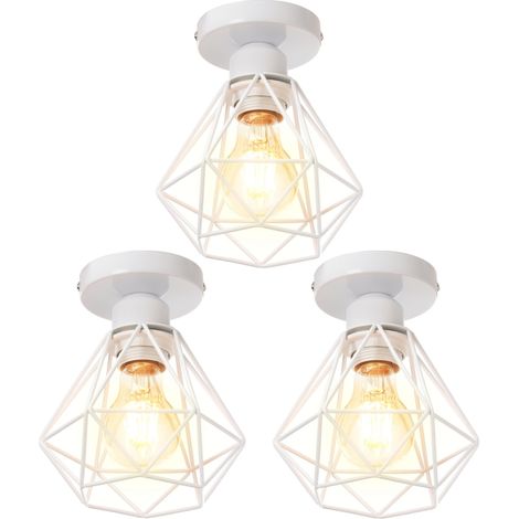 Plafonnier Industriel E27 Vintage Luminaire Suspension de Plafond Abat-jour Diamant Ø16CM pour Chambre Couloir Blanc - 3Pcs
