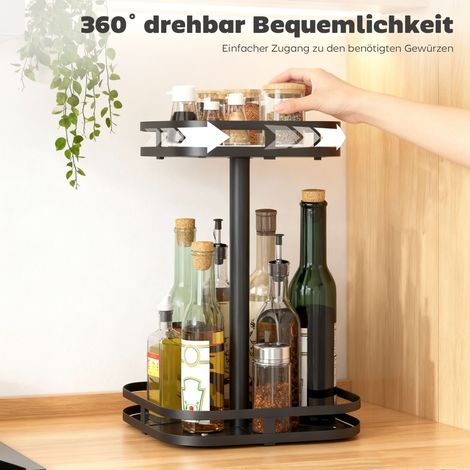 Étagère rotative à épices 2 niveaux, noir métal, avec ventouses, support mural pour cuisine (1/4)