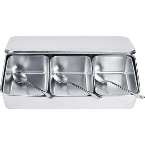 Gewürzbehälter-Set aus Edelstahl, bestehend aus einem Topf, einem Löffel und einem Deckel, dreiteiliges Haushaltsgewürzbehälter, geeignet für Küche und Esszimmer.