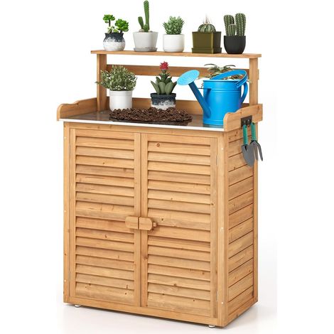 Goplus – Armoire de rangement de jardin en bois de sapin – Plateau en métal galvanisé – Étagères amovibles – 3 crochets latéraux – Double porte – 87 x 45 x 120 cm (1/5)