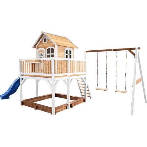 Axi Liam Maison Enfant Avec Bac À Sable, 2 Balançoires & Toboggan Bleu  Aire De Jeux Pour L'Extérieur En Marron & Blanc  Maisonnette / Cabane De Jeu En Bois Fsc